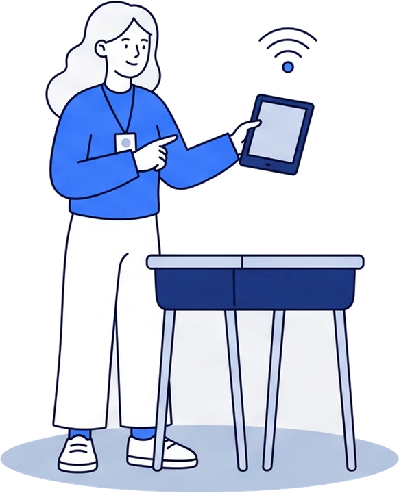 Illustration of a teacher pointing at a tablet next to a desk
